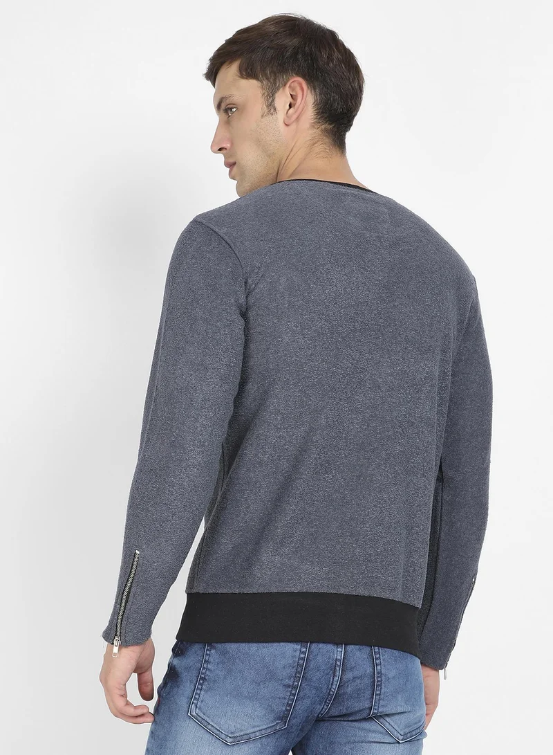 Campus Sutra  Men's Blue Zip-Front Heathered Jacket for Men | Best Price UAE