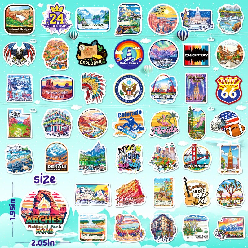 WAKEMOODEI 200 US Travel Stickers, USA State Travel Stickers for Laptop Water Bottle Journal Scrapbook, National Park Landmark Vinyl Decals for Suitcase Luggage - Image 2
