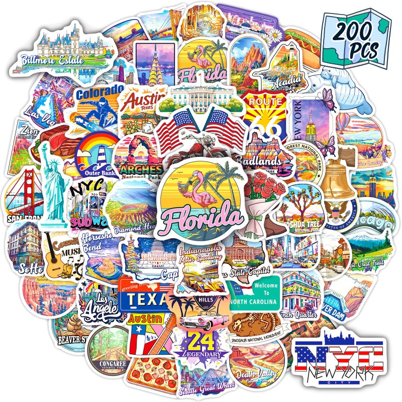 WAKEMOODEI 200 US Travel Stickers, USA State Travel Stickers for Laptop Water Bottle Journal Scrapbook, National Park Landmark Vinyl Decals for Suitcase Luggage - Image 1