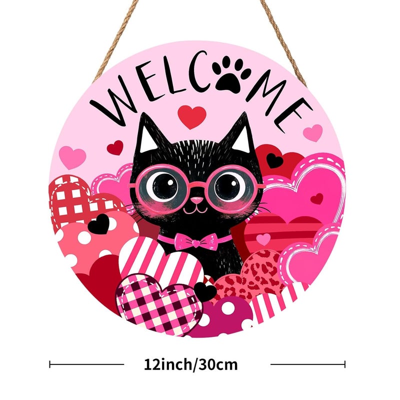ARS Graphics ARS® Welcome Valentine's Day Black Cat Door Sign - 12" Round Wooden Hanging Decor - Image 2
