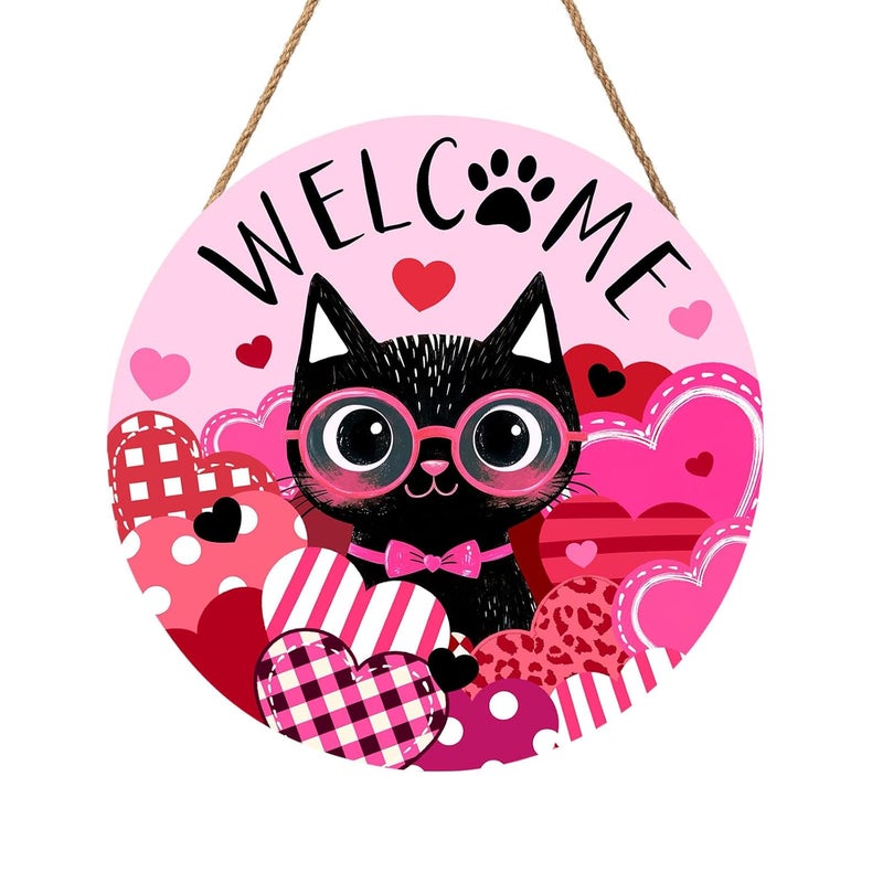 ARS Graphics ARS® Welcome Valentine's Day Black Cat Door Sign - 12" Round Wooden Hanging Decor - Image 1