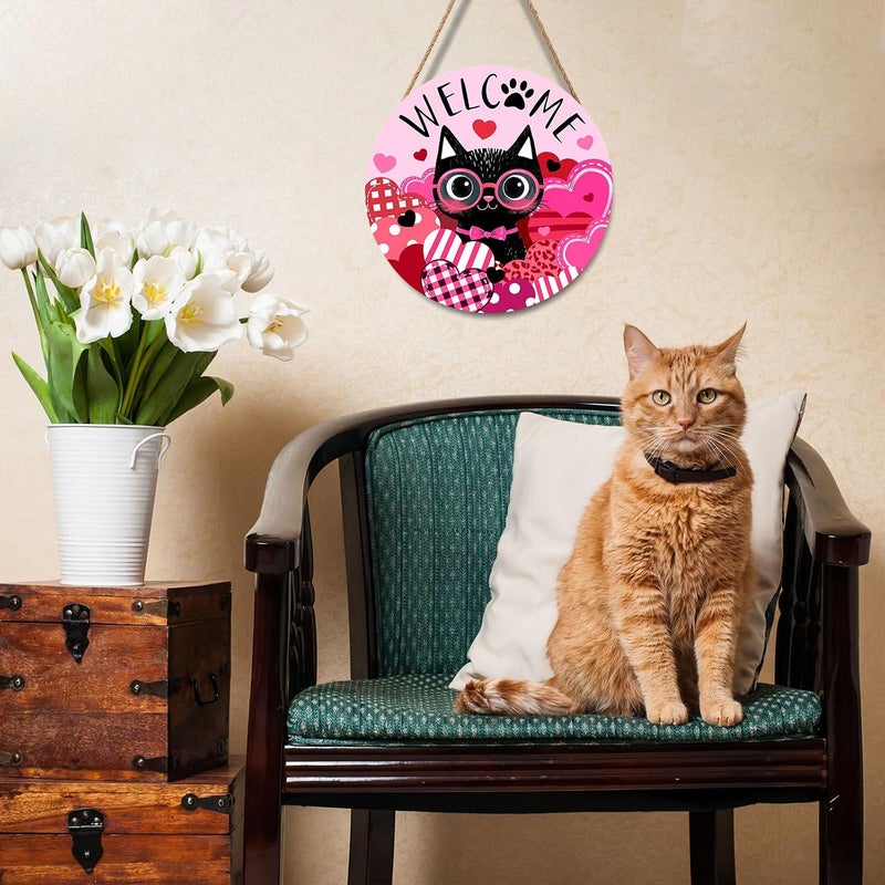 ARS Graphics ARS® Welcome Valentine's Day Black Cat Door Sign - 12" Round Wooden Hanging Decor - Image 4