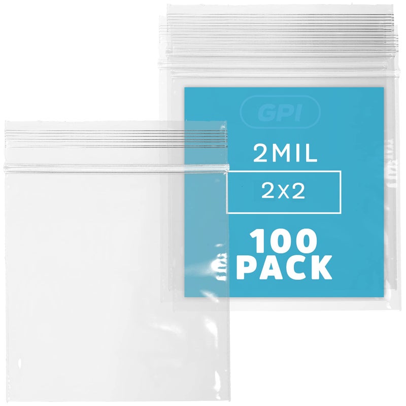 GPI - 2" x 2" Small Zip Bags, Clear Plastic Reclosable Jewelry Bags, 2.5 Mil Thick, with Resealable Zip Top Lock for Jewelry, Pills, Meds, Powders, Beads, Seeds, Candy, etc. - 100 Pack