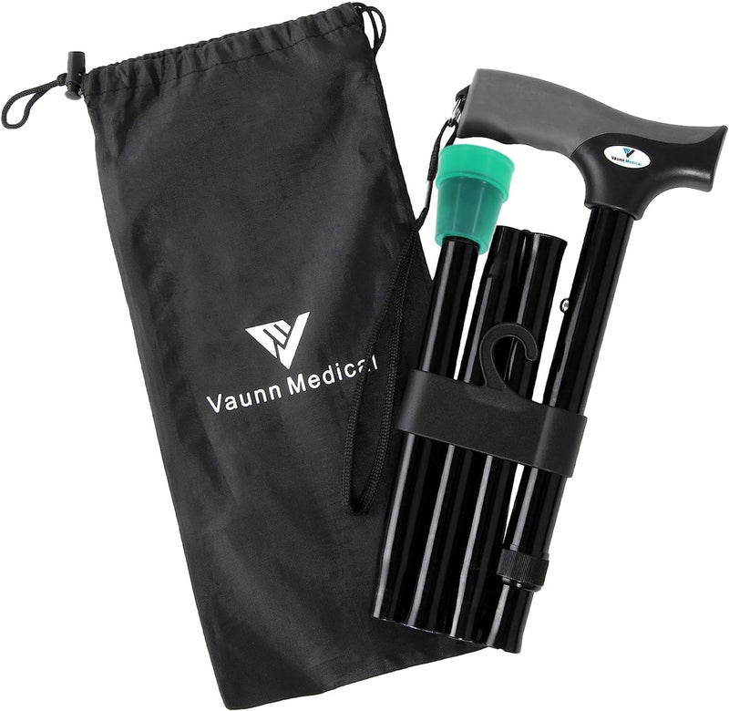 Vaunn FSA/HSA Eligible, Vaunn Medical Easy Grip Height Adjustable Folding Cane/Walking Stick with Strap/Pouch- Compact, Portable, and Safe Walking Assistant- Non-Slip Grip Handle- Men, Women, Elderly - Image 1