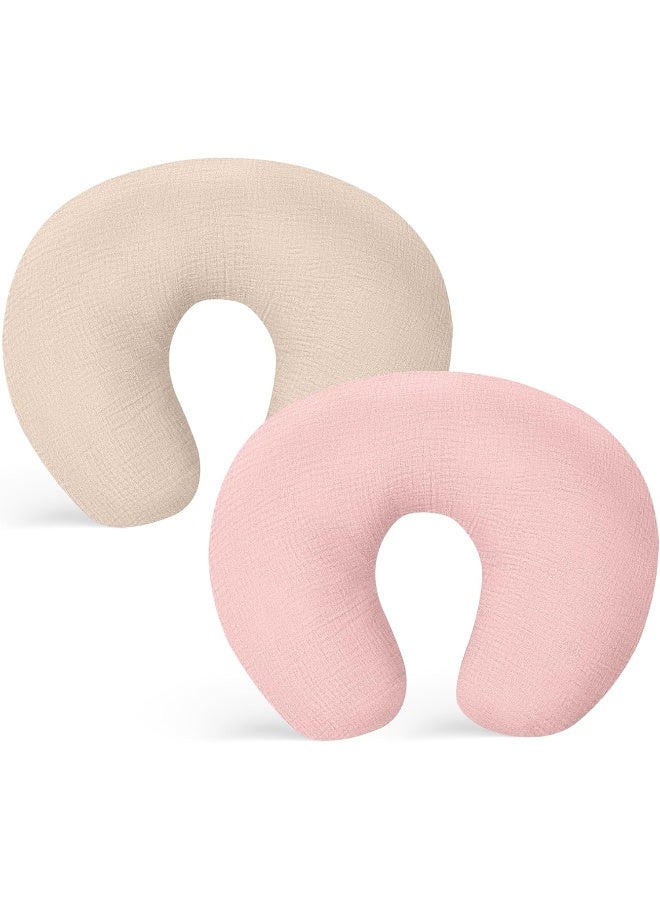Winmany 2 Pack Muslin Nursing Pillow Covers Soft Cotton Newborn Breastfeeding Pillow Cover Baby Feeding Pillow Slipcover Shower Gifts for Boys Girls (Beige + Pink) - Image 1