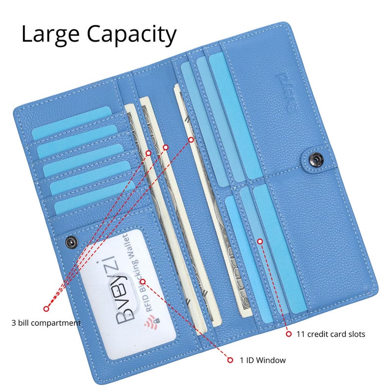 Bveyzi Ultra Slim Thin Leather RFID Blocking Credit Card Holder Bifold Clutch Wallets for Women (Blue) - Image 3