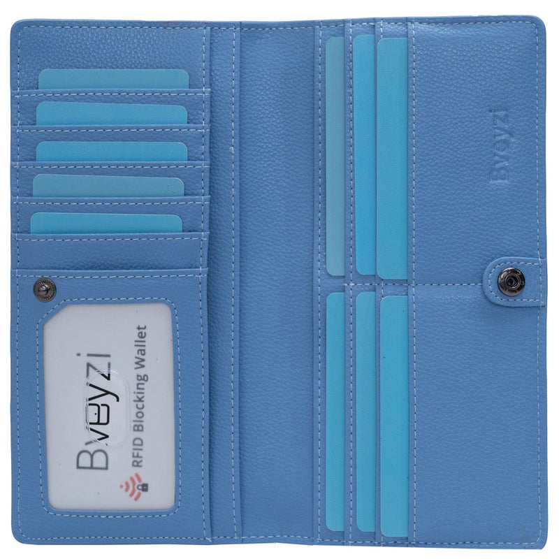 Bveyzi Ultra Slim Thin Leather RFID Blocking Credit Card Holder Bifold Clutch Wallets for Women (Blue) - Image 1