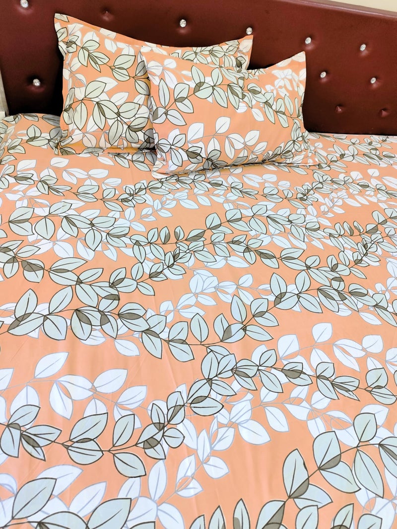 Floral Leaf Print Bedding Set, Orange and White, Modern Botanical Design, Double Size - Image 1