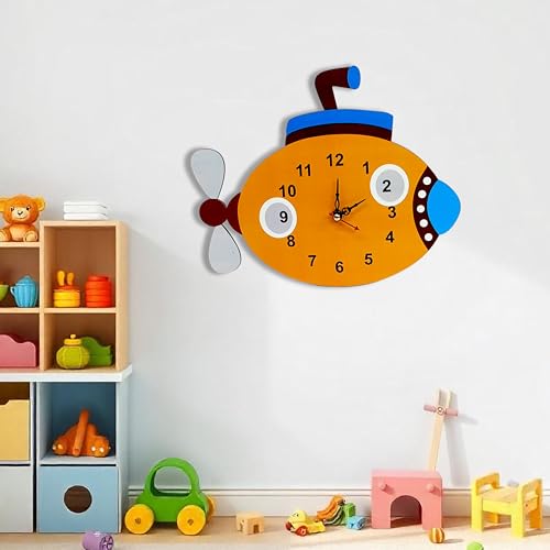 SOLOBOLO Silent Quartz Decorative Cartoon Analog Wall Clock for Kids, Non-Ticking, Round, Battery Operated for Kids Room/Home/Kitchen/Bedroom/School (Submarine), Engineered Wood, 25x25 cm, multicolor - Image 2