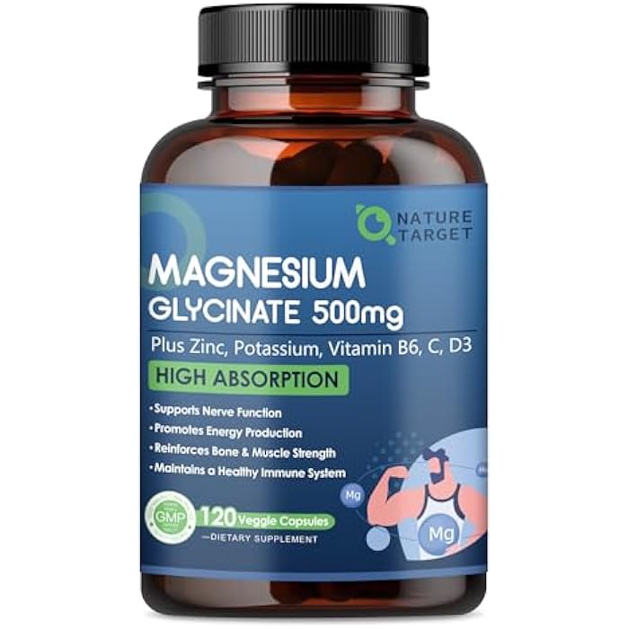 NATURE TARGET Magnesium Glycinate 500mg, Chelated Magnesium with Zinc & Vitamin D3 for Muscle, Nerve & Bone, Support Heart Health & Leg Cramp, Strength Immune System - 120 Capsules - Image 1
