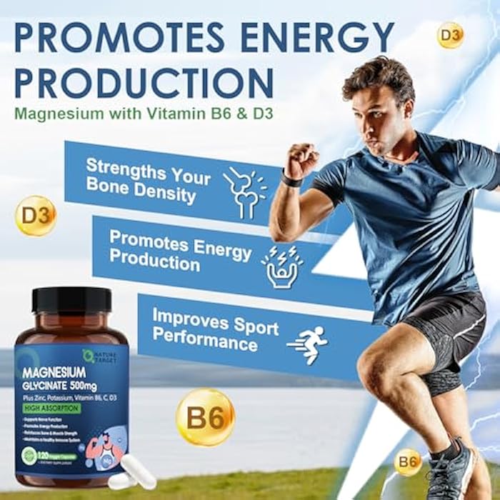 NATURE TARGET Magnesium Glycinate 500mg, Chelated Magnesium with Zinc & Vitamin D3 for Muscle, Nerve & Bone, Support Heart Health & Leg Cramp, Strength Immune System - 120 Capsules - Image 5