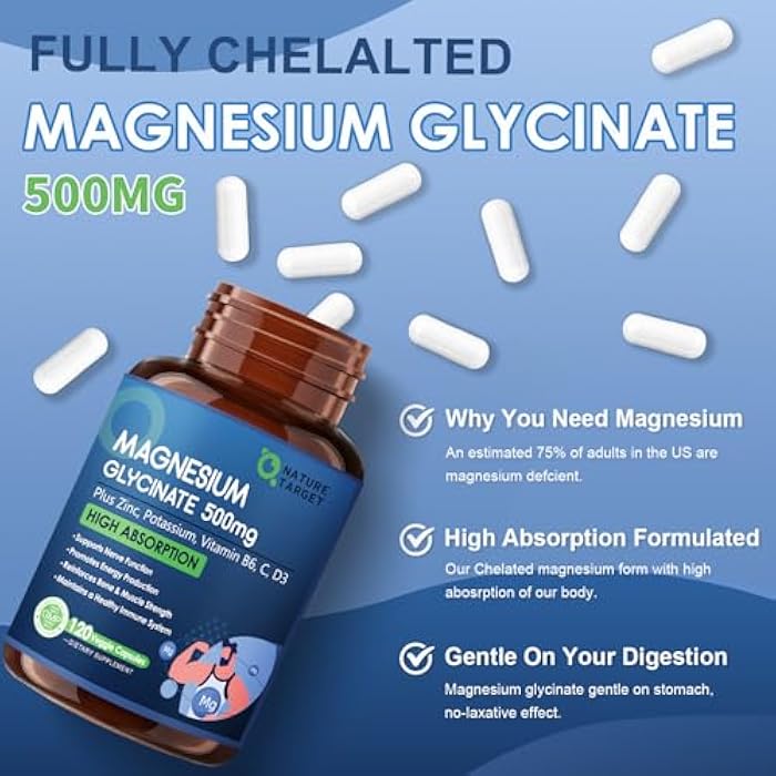 NATURE TARGET Magnesium Glycinate 500mg, Chelated Magnesium with Zinc & Vitamin D3 for Muscle, Nerve & Bone, Support Heart Health & Leg Cramp, Strength Immune System - 120 Capsules - Image 2