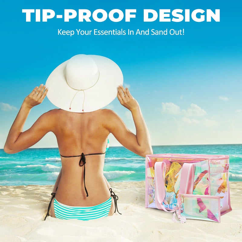 Sisipoet Large Beach Tote Bags for Women, 26L Iridescent Clear Tote Bag, Waterproof Tip-Proof Sandproof Tote Pool Bag, Travel Totes with Phone Pouch and Pendant for Travel, Beach, Swim and Gym - Image 5