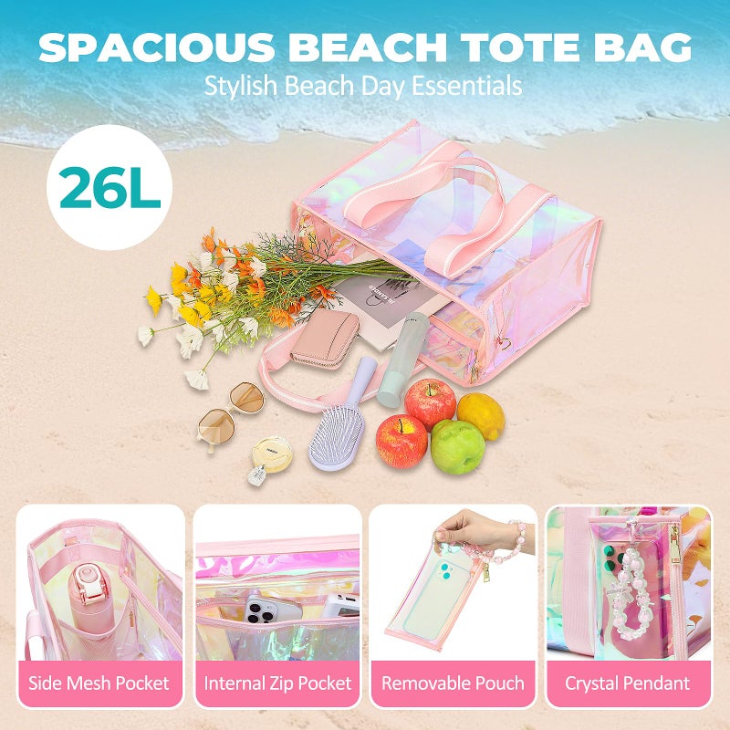 Sisipoet Large Beach Tote Bags for Women, 26L Iridescent Clear Tote Bag, Waterproof Tip-Proof Sandproof Tote Pool Bag, Travel Totes with Phone Pouch and Pendant for Travel, Beach, Swim and Gym - Image 2