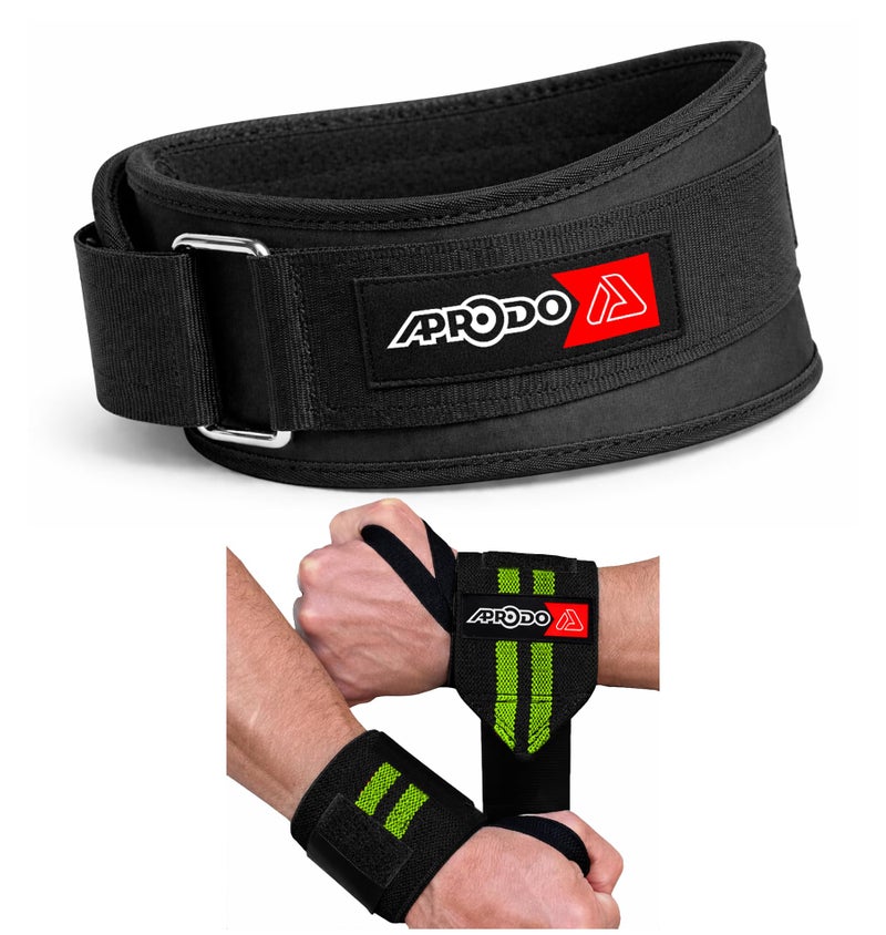 APRODO Fitness Combo Weight Lifting Belt Back Support 4.5 Inch Wide with Extra Premium Wrist Support 1 Pair for Men and Women (BLACK GREEN COMBO, X-Large 40'' - 44'') - Image 1