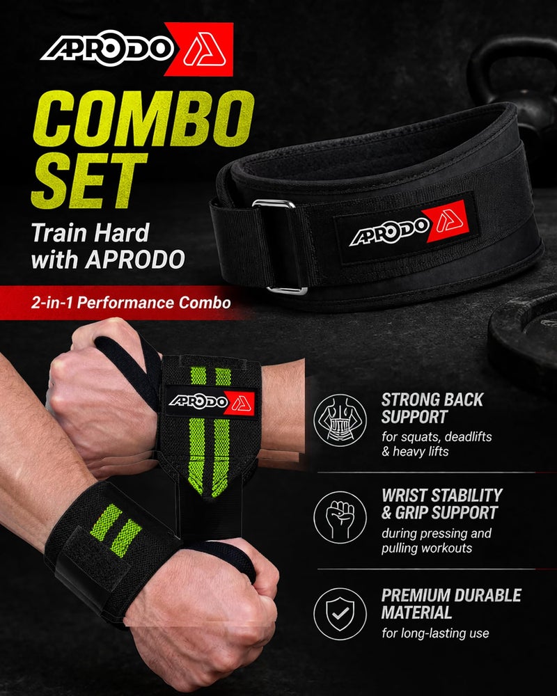 APRODO Fitness Combo Weight Lifting Belt Back Support 4.5 Inch Wide with Extra Premium Wrist Support 1 Pair for Men and Women (BLACK GREEN COMBO, X-Large 40'' - 44'') - Image 2