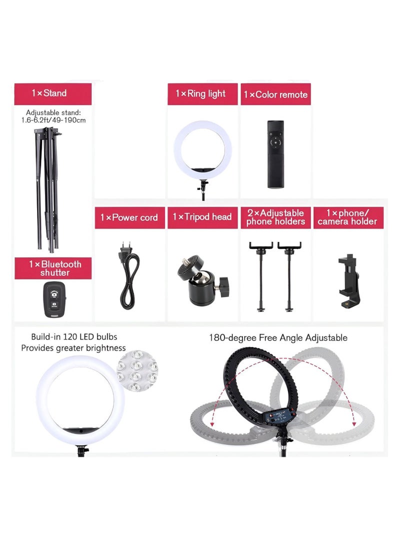 VENDIX - 54cm LED Ring Light with Multicolour Modes, Adjustable 198cm Tripod Stand, 10 Brightness Levels for Photography, Makeup, Video CALLS & Content Creation - Image 1