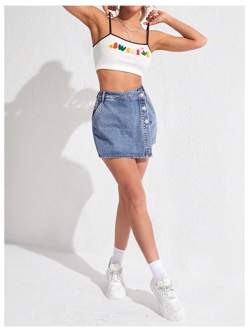 WDIRARA Women's High Waisted Button Front Denim Skort Asymmetrical Hem Skirt Shorts Blue Solid Large - Image 5