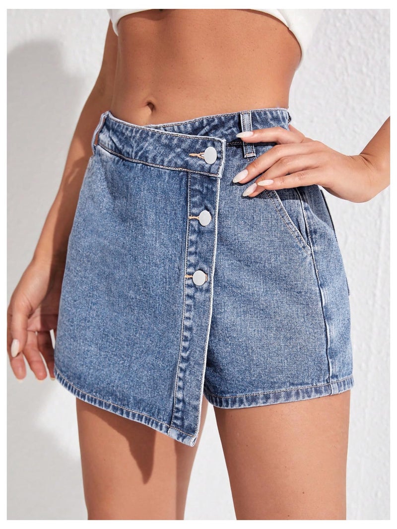 WDIRARA Women's High Waisted Button Front Denim Skort Asymmetrical Hem Skirt Shorts Blue Solid Large - Image 2
