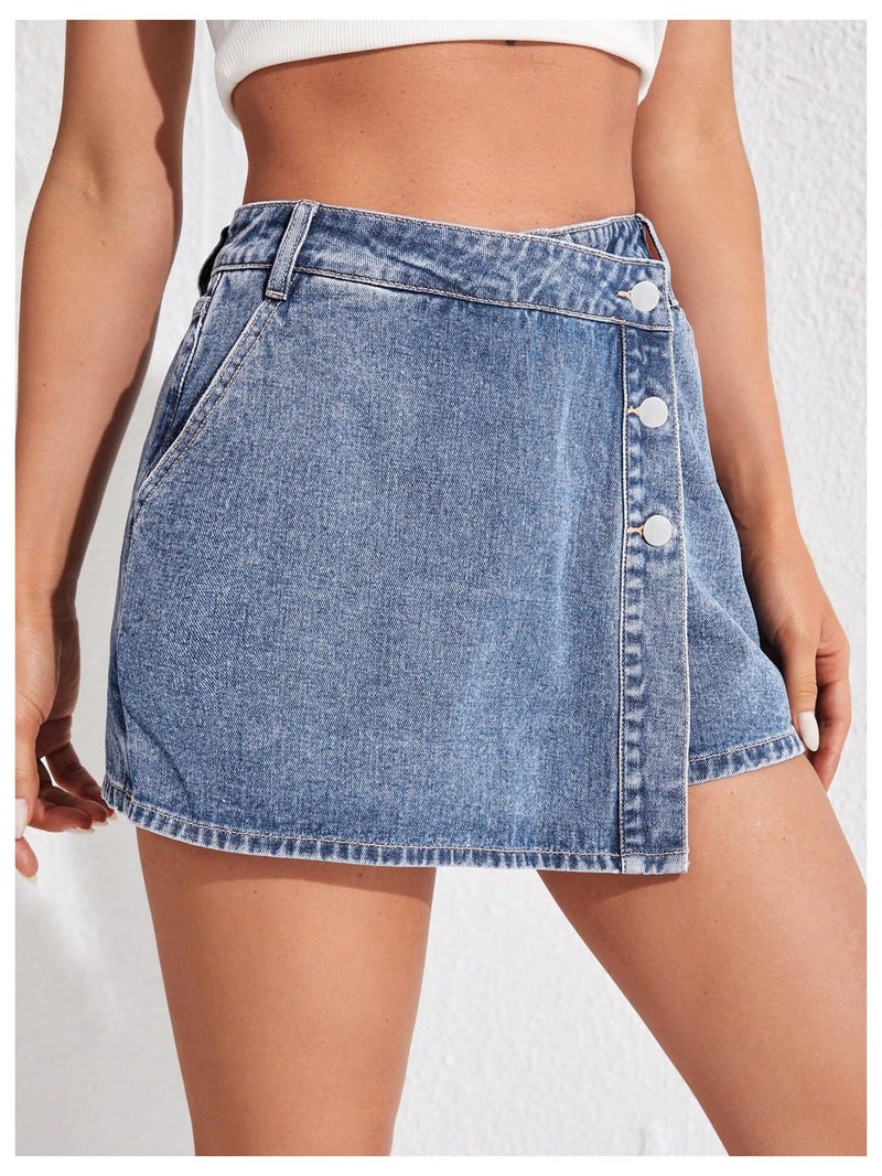 WDIRARA Women's High Waisted Button Front Denim Skort Asymmetrical Hem Skirt Shorts Blue Solid Large - Image 4