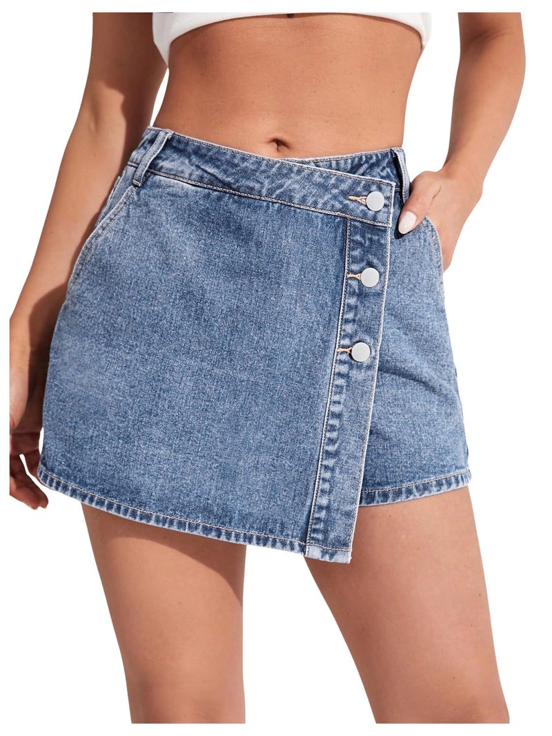 WDIRARA Women's High Waisted Button Front Denim Skort Asymmetrical Hem Skirt Shorts Blue Solid Large - Image 1