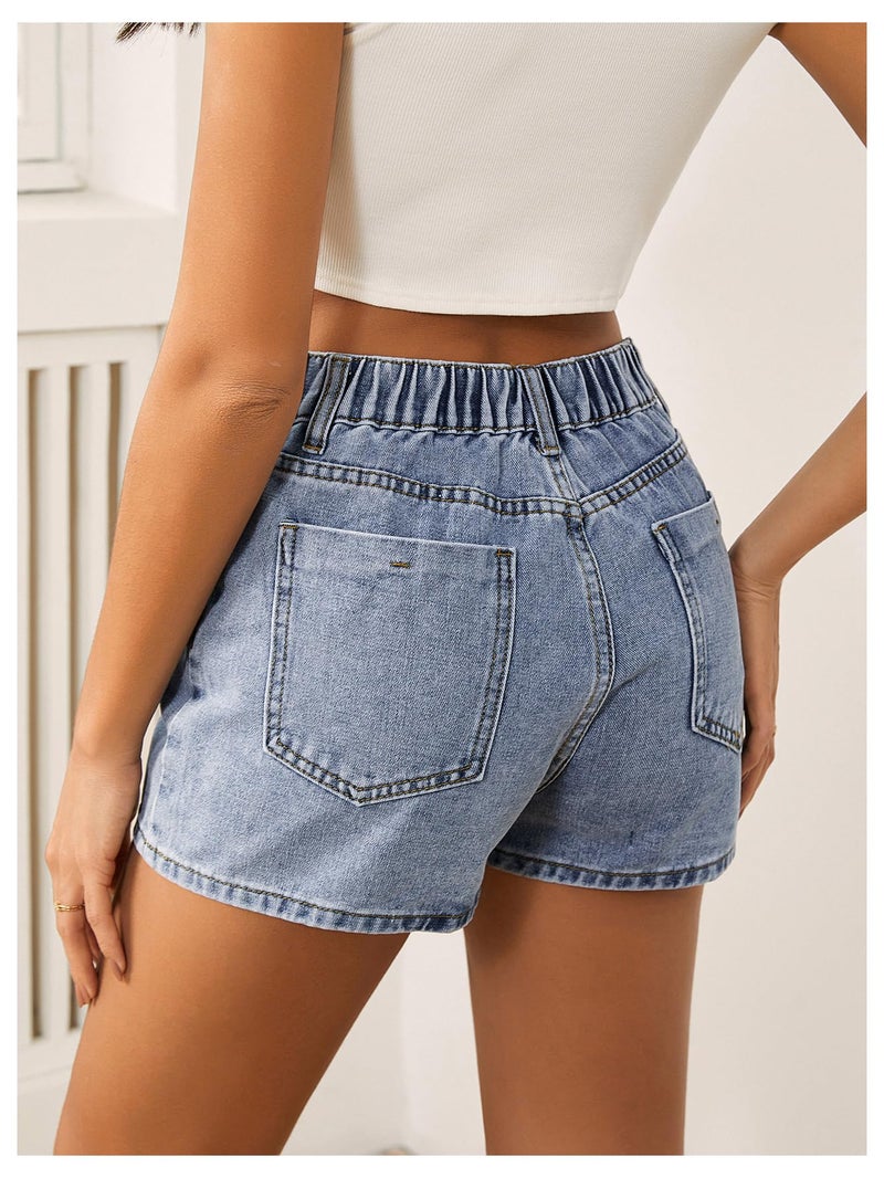 WDIRARA Women's High Waisted Button Front Denim Skort Asymmetrical Hem Skirt Shorts Blue Solid Large - Image 3