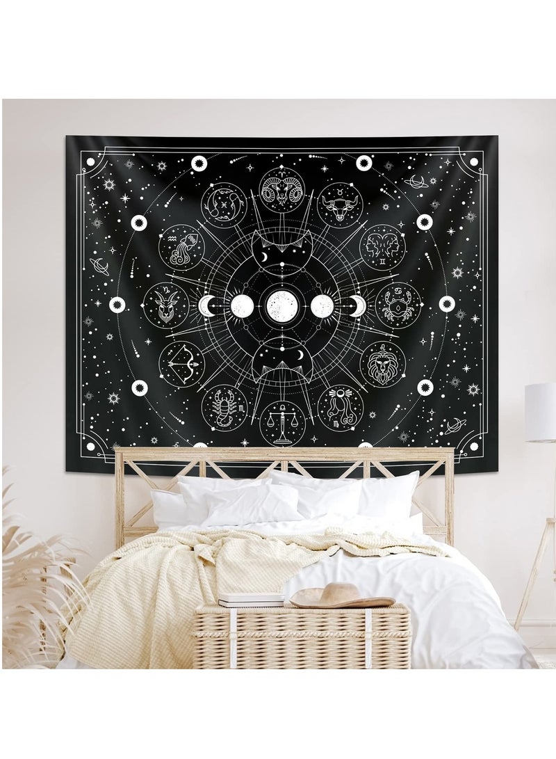 SOLARAE Psychedelic Black and White Tapestry Featuring Sun, Moon, and Twelve Constellations - Decorative Wall Hanging for Home and Bedroom (95x73cm) - Image 5
