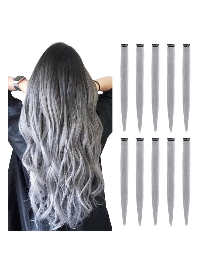Estelle 22 inch Colored Hair Extensions Straight Hairpiece, Multi-colors Party Highlights Clip in Synthetic Hair Extensions (10 PCS Grey) - Image 1