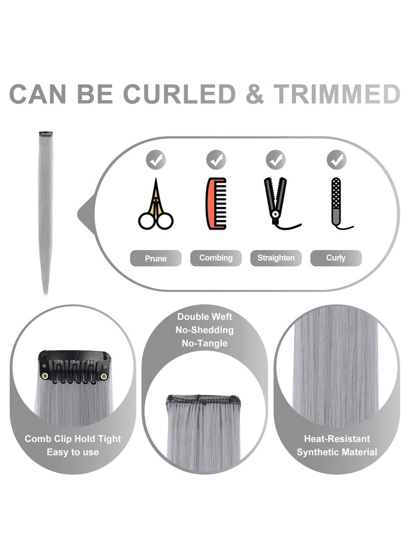 Estelle 22 inch Colored Hair Extensions Straight Hairpiece, Multi-colors Party Highlights Clip in Synthetic Hair Extensions (10 PCS Grey) - Image 4