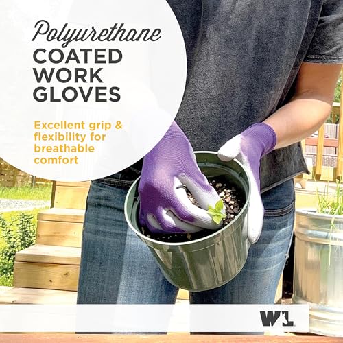 Wells Lamont Gardening Gloves for Women – Breathable Polyester, Seamless Fit – PU-Coated Palm for Grip & Durability – Elastic Wrist – Pink/Green/Purple, Medium, Pack of 3 (413MF) - Image 2