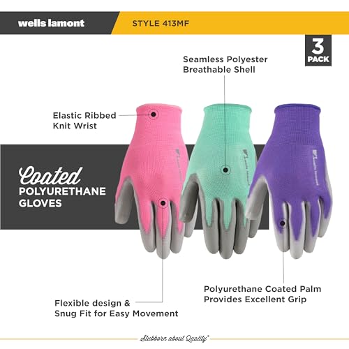 Wells Lamont Gardening Gloves for Women – Breathable Polyester, Seamless Fit – PU-Coated Palm for Grip & Durability – Elastic Wrist – Pink/Green/Purple, Medium, Pack of 3 (413MF) - Image 3