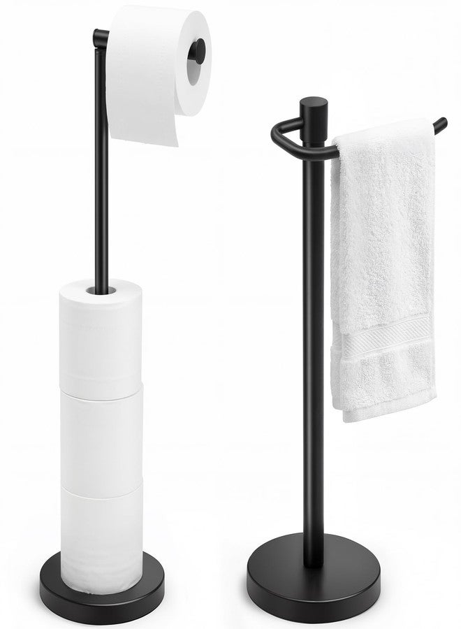 LemonRoad 2 Pack Freestanding Toilet Paper Holder & Hand Towel Stand Heavy Duty Stainless Steel Stable Weighted Base countertop Towel Holder 4 Spare Rolls Modern Bathroom Countertop Organizer Black - Image 1