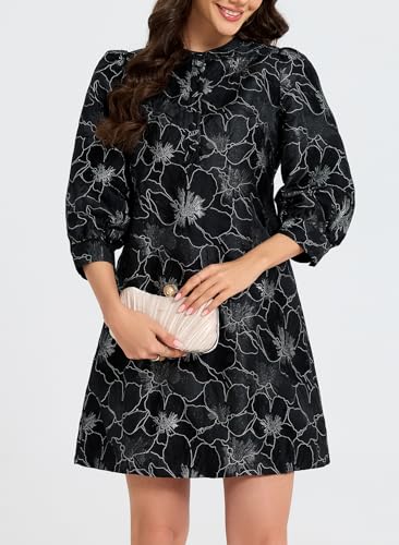 Ladyful Women's Floral Jacquard Shift Dress 2026 Long Puff Sleeve Button Up Elegant Cocktail Party Mini Dress - Image 2