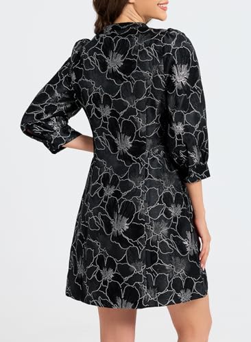 Ladyful Women's Floral Jacquard Shift Dress 2026 Long Puff Sleeve Button Up Elegant Cocktail Party Mini Dress - Image 4