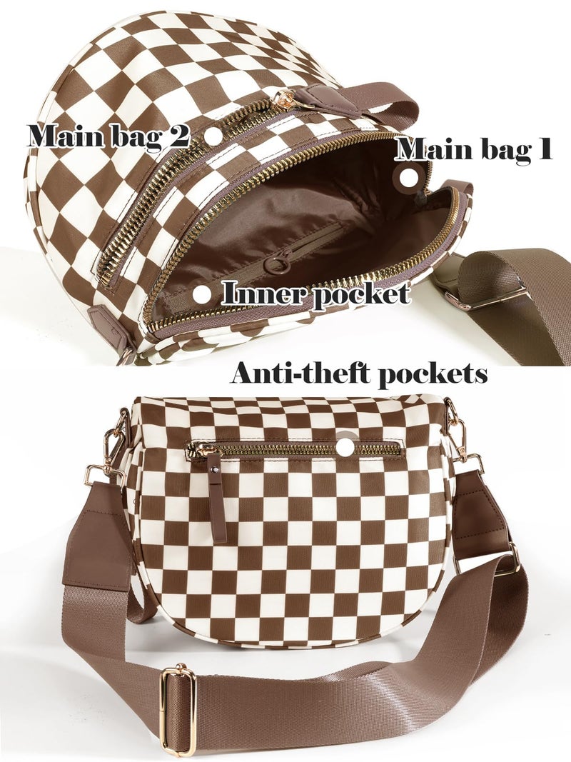 MEISEY Black and White Checkered Crossbody Bum Bag for Women,Spacious Checkered Purse Fanny Packs Belt Bag Sling Bag with Shoulder Strap (Brown Checkered) - Image 4
