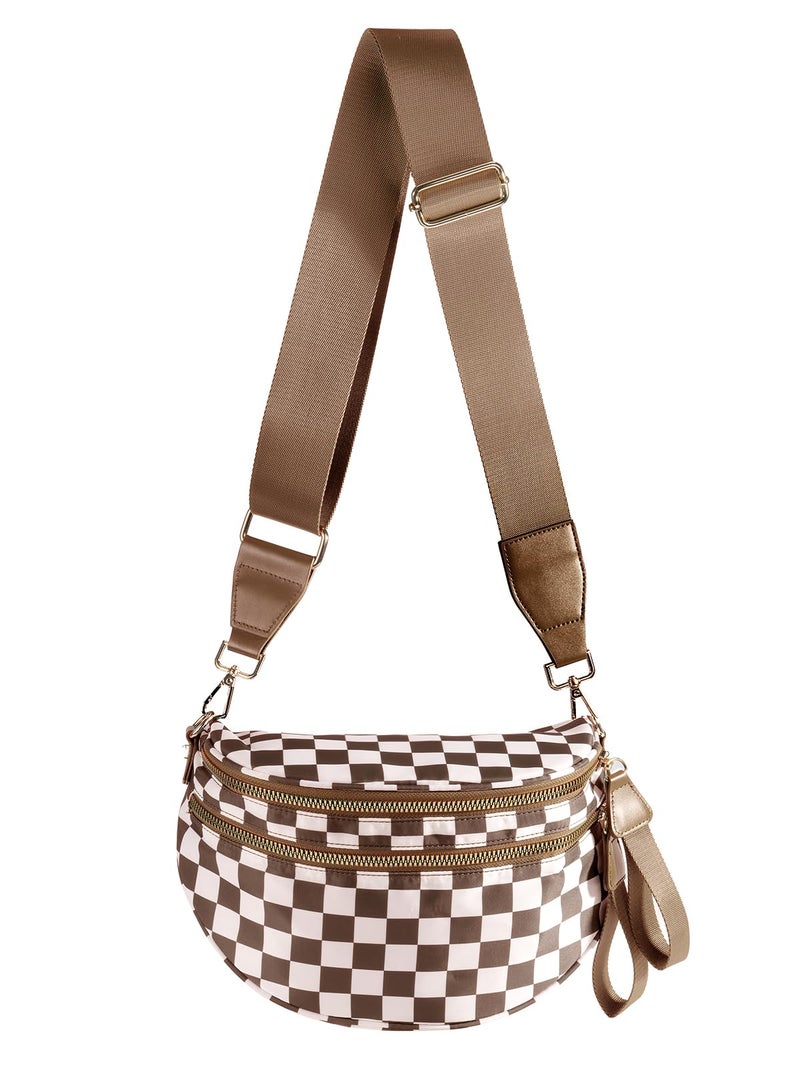 MEISEY Black and White Checkered Crossbody Bum Bag for Women,Spacious Checkered Purse Fanny Packs Belt Bag Sling Bag with Shoulder Strap (Brown Checkered) - Image 1