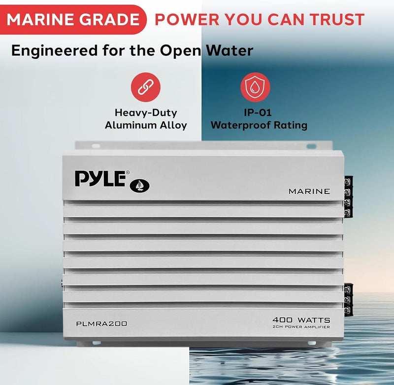 Pyle Hydra Marine Amplifier Upgraded Elite Series 400 Watt 2 Channel Bridgeable Audio Amplifier- Waterproof, Dual MOSFET Power Supply, GAIN Level Controls, RCA Stereo Input & LED Indicator - PLMRA200 - Image 2