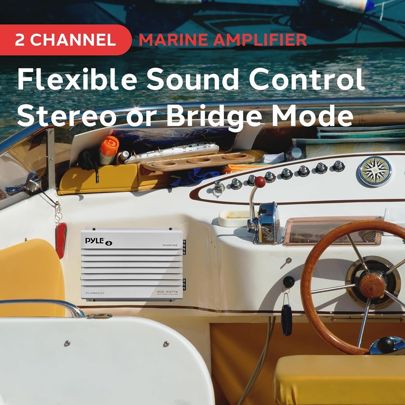 Pyle Hydra Marine Amplifier Upgraded Elite Series 400 Watt 2 Channel Bridgeable Audio Amplifier- Waterproof, Dual MOSFET Power Supply, GAIN Level Controls, RCA Stereo Input & LED Indicator - PLMRA200 - Image 3