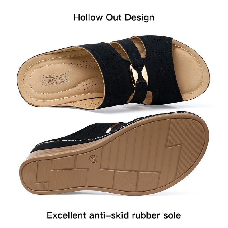 SHIBEVER Wedge Sandals for Women Hollow Out Slip On Platform Wedge Sandals Summer Casual Walking Shoes Black Size 9 - Image 4