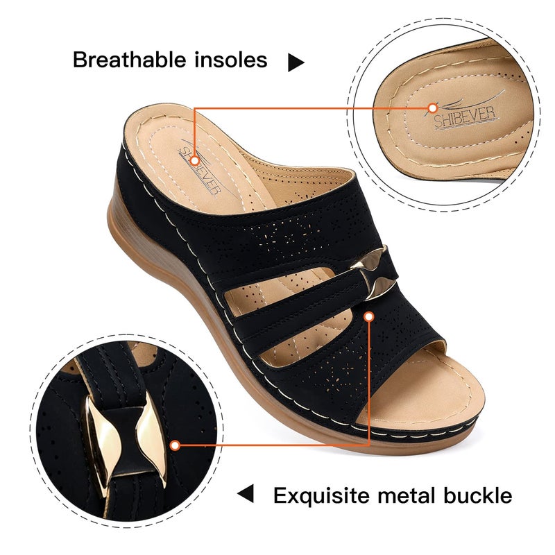 SHIBEVER Wedge Sandals for Women Hollow Out Slip On Platform Wedge Sandals Summer Casual Walking Shoes Black Size 9 - Image 5