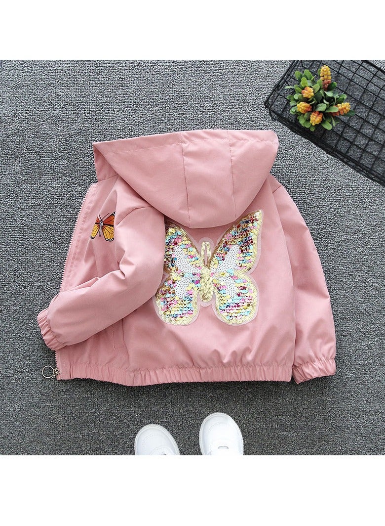 Girls Versatile Spring Jacket 2024 New Fashionable Hoodie Flash erfly Coat Pink