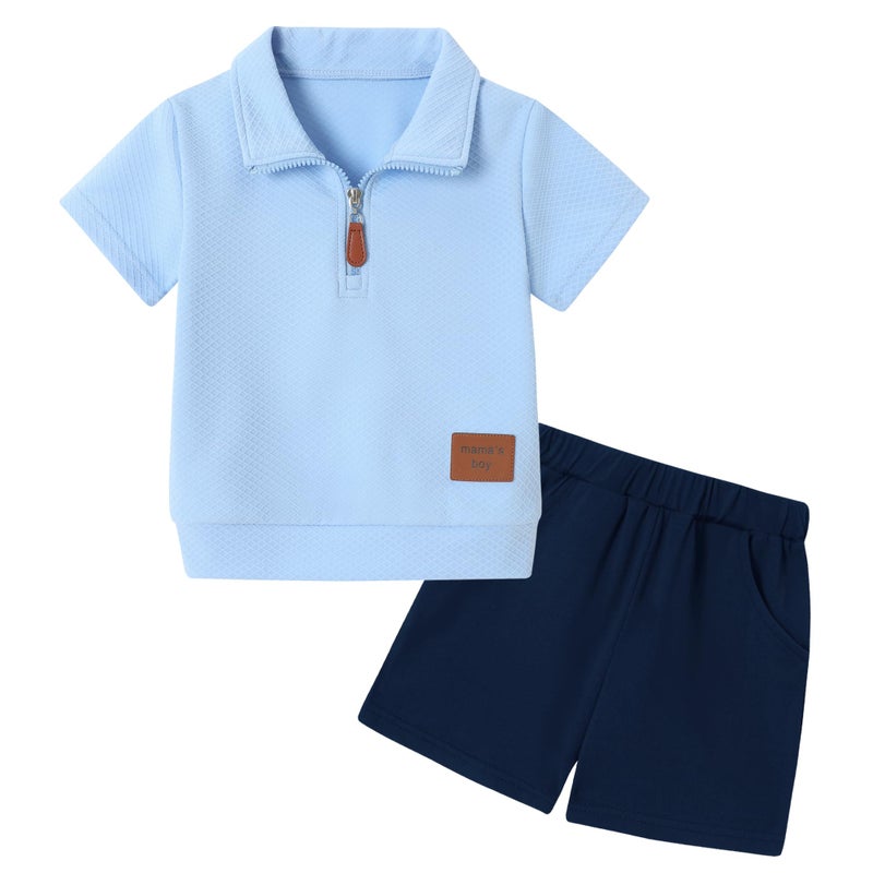 ZOEREA Toddler Baby Boy Clothes Summer Outfits Short Sleeve Solid Elastic Sweatshirt and Shorts 2 Piece Sweatsuit Set Blue 2-3T - Image 1