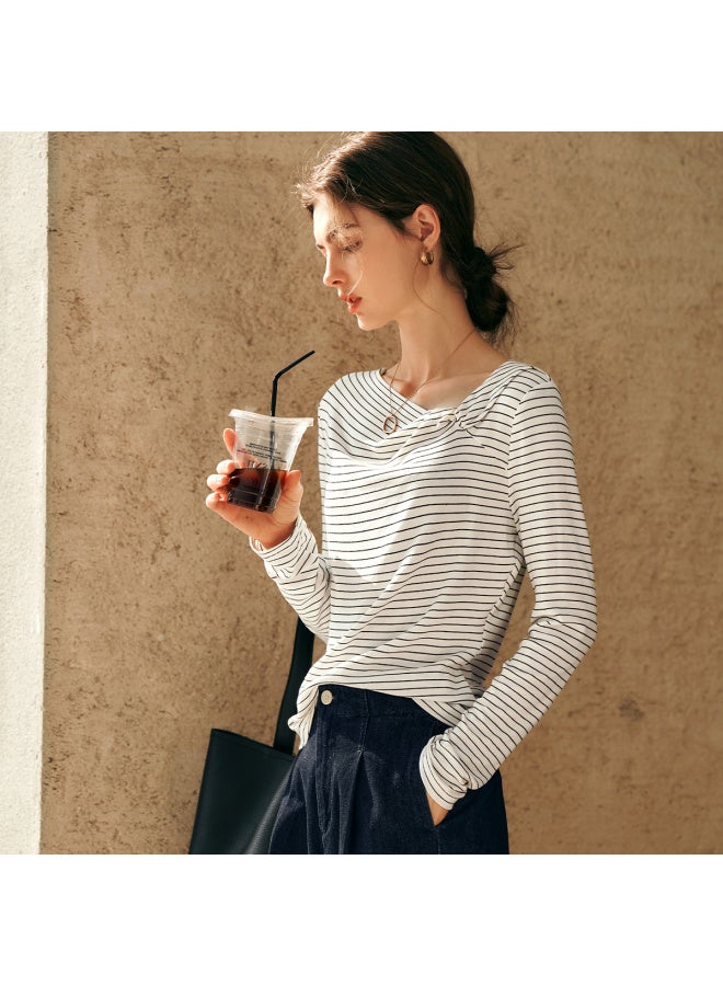 Olrain Oulain Black Baitiao Pattern T-shirt Women's Autumn Irregular Commuter Design Long Sleeve Black Baitiao Pattern S - Image 1