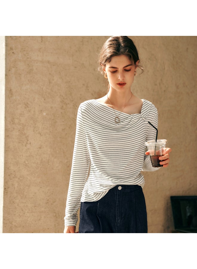 Olrain Oulain Black Baitiao Pattern T-shirt Women's Autumn Irregular Commuter Design Long Sleeve Black Baitiao Pattern S - Image 2