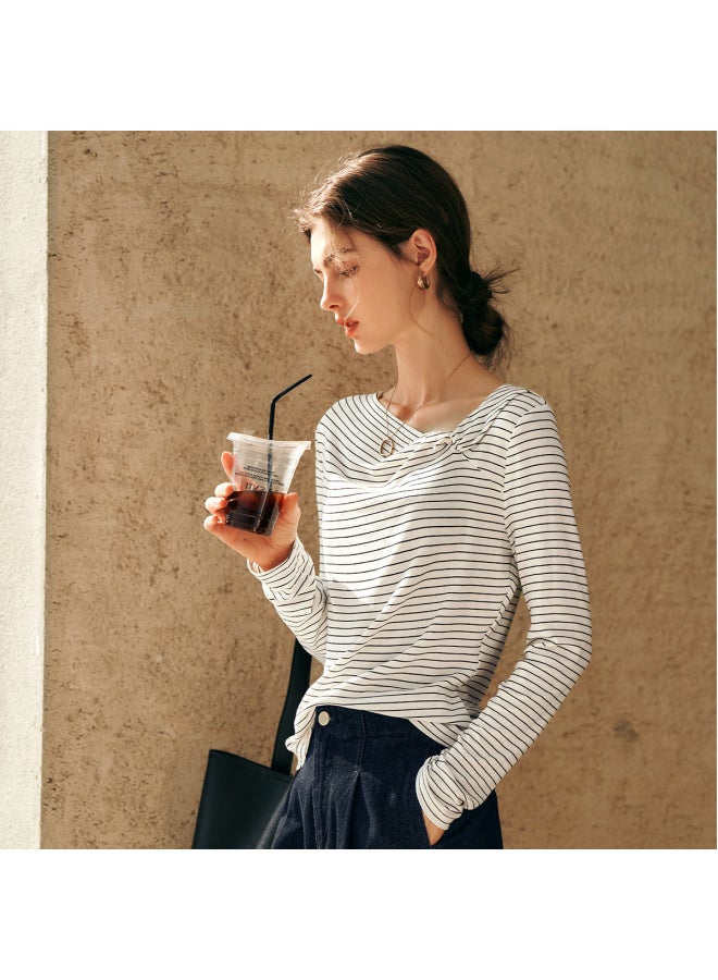 Olrain Oulain Black Baitiao Pattern T-shirt Women's Autumn Irregular Commuter Design Long Sleeve Black Baitiao Pattern S - Image 3