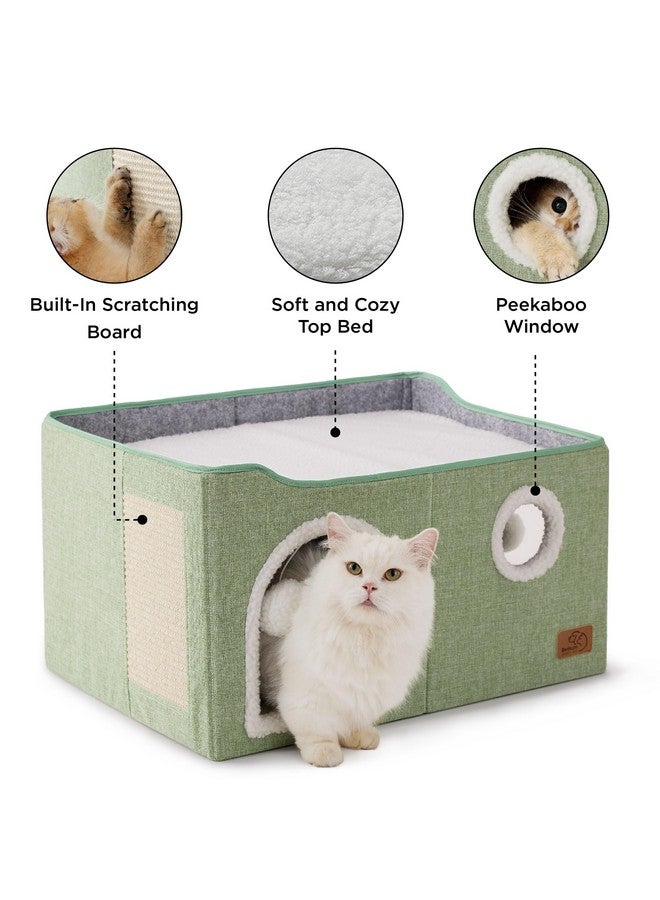 بيد شور بيت قطط واسع للغاية من Bedsure للقطط المنزلية - كهف كبير للقطط الأليفة مع كرة ناعمة للتعليق ووسادة خدش، مخبأ قطط قابل للطي للقطط المتعددة، 23.6 × 16.9 × 13 بوصة، أخضر - Image 3