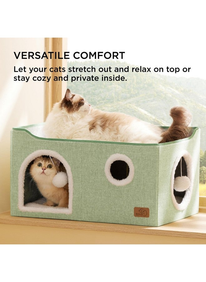 بيد شور بيت قطط واسع للغاية من Bedsure للقطط المنزلية - كهف كبير للقطط الأليفة مع كرة ناعمة للتعليق ووسادة خدش، مخبأ قطط قابل للطي للقطط المتعددة، 23.6 × 16.9 × 13 بوصة، أخضر - Image 2