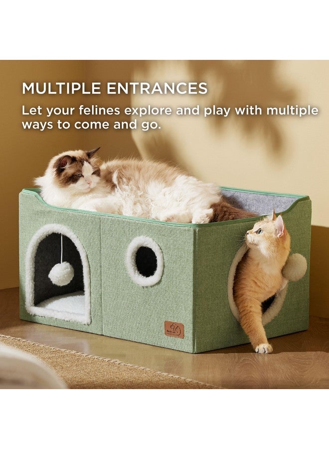 بيد شور بيت قطط واسع للغاية من Bedsure للقطط المنزلية - كهف كبير للقطط الأليفة مع كرة ناعمة للتعليق ووسادة خدش، مخبأ قطط قابل للطي للقطط المتعددة، 23.6 × 16.9 × 13 بوصة، أخضر - Image 1