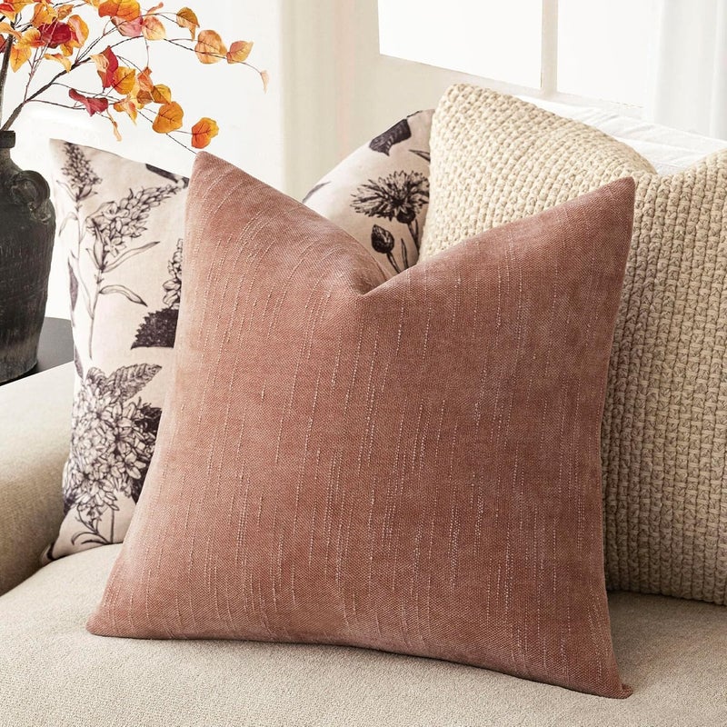 Foindtower Pack of 2 Textured Chenille Throw Decorative Pillow Covers Square Accent Solid Cushion Cover Neutral Farmhouse Pillow Case for Couch Sofa Bedroom Living Room 16x16 Inch,Dusty Pink - Image 5