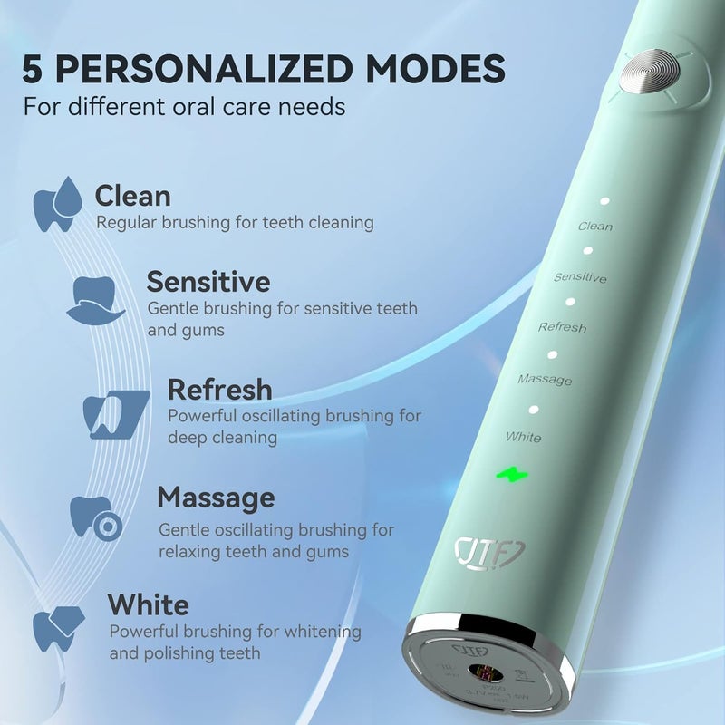 JTF Sonic Electric Toothbrush for Adults: 5 Modes with Smart Timer for Deep Cleaning & Whitening, 2 Brush Head Types for Sensitive Teeth, Gums & Braces, Travel-Friendly Case and Wireless Charging Base - Image 4